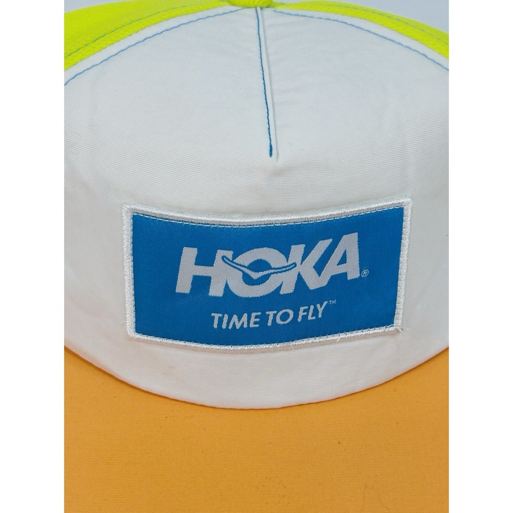 HOKA Time to Fly Hat Salmon Yellow White Adjustable Trucker Style